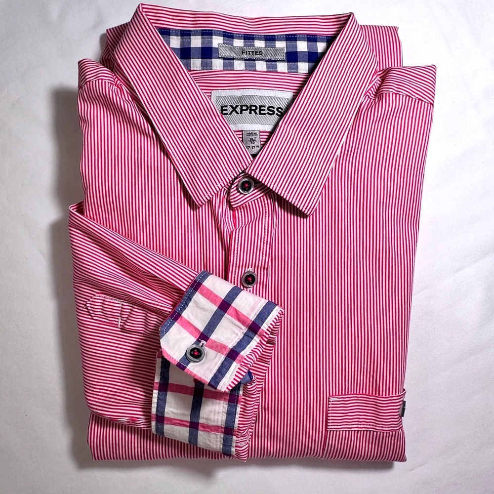 Express Fitted Dress Shirt Mens XL 17-17.5 Pink White Striped‎ Plaid Trim